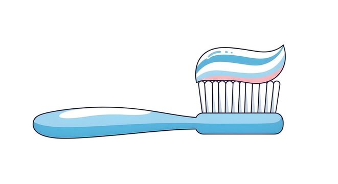A side view illustration of a blue toothbrush with a perfect swirl of blue, white, and pink striped toothpaste on the bristles.