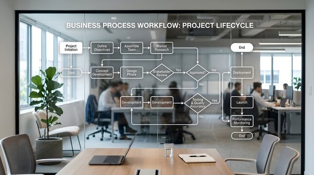 Digital Business Process Workflow and Project Lifecycle Overlay in Modern Office