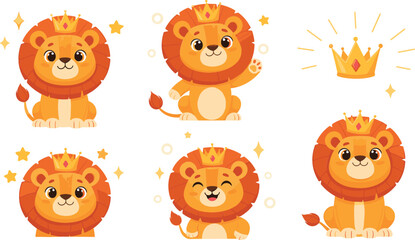 Cute Lion King Cartoon Character Set with Crown and Royal Expressions for Kids Nursery Animal Illustration in Adorable Kawaii Vector Style © Sanjida