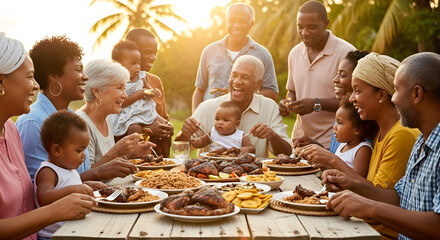 A large multi-generational family sits at a long wooden table outdoors enjoying a feast of roasted chicken and traditional sides during sunset