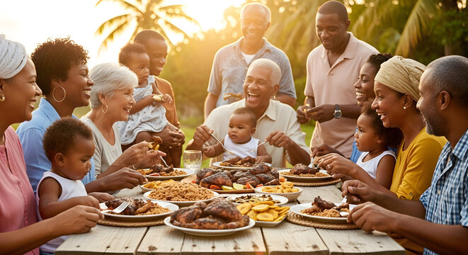 A large multi-generational family sits at a long wooden table outdoors enjoying a feast of roasted chicken and traditional sides during sunset