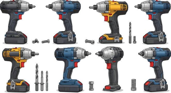 Cordless power drill collection with different angles and drill bits, construction tool vector illustration set isolated background