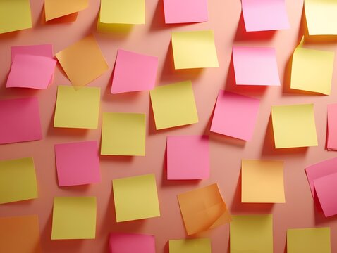 Colorful sticky notes scattered on a surface, perfect for organization, reminders, and creative brainstorming ideas in a workspace.