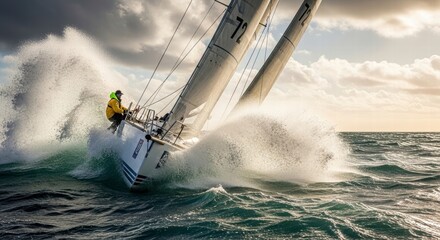 Obraz premium Navigating the Tempest: A lone sailor fearlessly steers a sailboat through towering waves in the tempestuous ocean, showcasing courage and resilience.