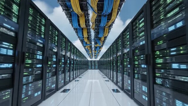 Servers data center room with server racks and powerful cabling and network infrastructure