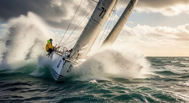 Navigating the Tempest: A lone sailor fearlessly steers a sailboat through towering waves in the tempestuous ocean, showcasing courage and resilience.
