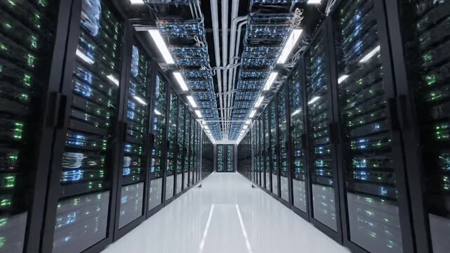 Data center corridor with server racks, showcasing technology and infrastructure in modern design