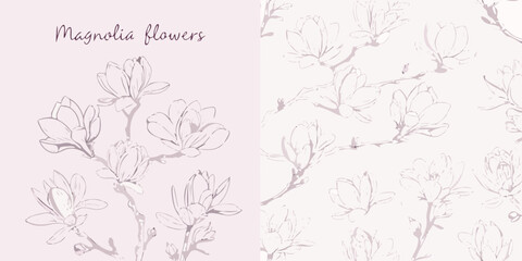 Delicate magnolia flower sketches create a seamless pastel pattern © Anik