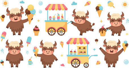 Obraz premium Cute Yak Ice Cream Cartoon Character Set with Ice Cream Cart, Popsicles, Cones and Sweet Desserts for Kids Summer Animal Vector Illustration