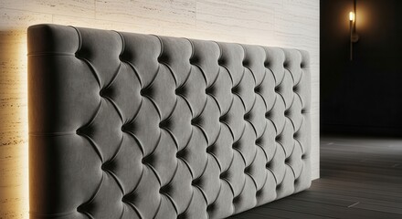 Fototapeta premium Luxurious Grey Velvet Tufted Upholstered Headboard in a Modern Bedroom Setting