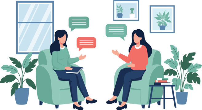 Psychologist counseling session with two women talking in therapy office mental health support conversation vector illustration