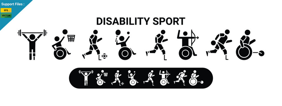 Disabled sport icons set, Adaptive Sports, Paralympic athlete vector illustration glyph set. 