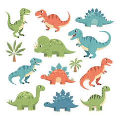 Fototapeta premium Colorful cartoon dinosaurs illustration set.