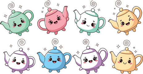 Obraz premium Cute Kawaii Teapot Character Collection with Smiling Faces, Cartoon Tea Kettle Mascots and Colorful Kitchen Object Vector Illustration Set