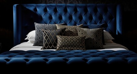 Fototapeta premium Luxurious Tufted Sapphire Blue Velvet Bed with Geometric Patterned Pillows and Elegant Headboard in a Sophisticated Bedroom Setting