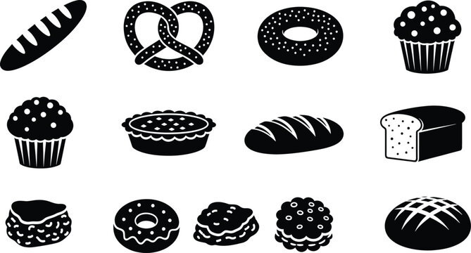 A collection of various baked goods and bread items displayed as simple black silhouette icons
