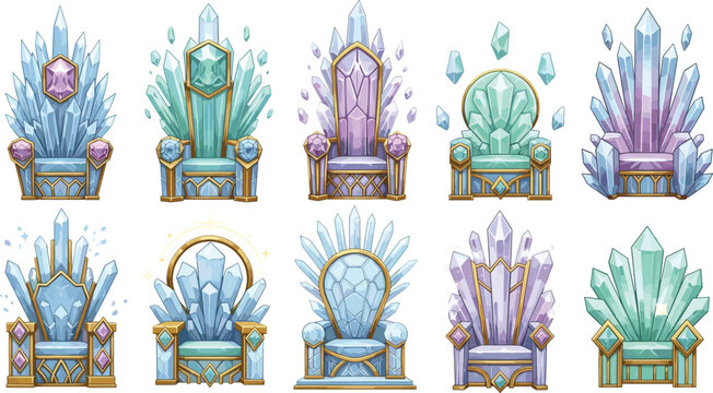 Fantasy crystal throne collection with magical gemstone chairs, colorful royal seats vector illustration set for game design