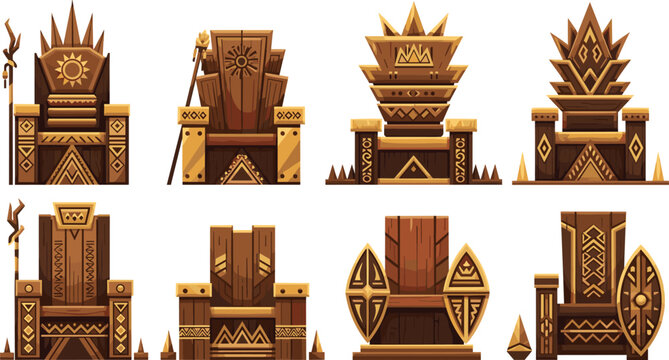Fantasy wooden throne collection with tribal ornaments and royal chairs, game asset vector illustration set for RPG design