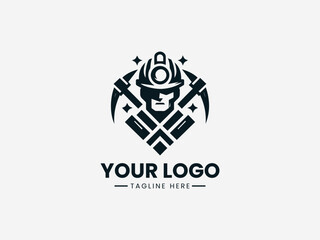 Fototapeta premium Black and white logo design featuring a miner's helmet with crossed pickaxes on a white background for industrial or mining companies.