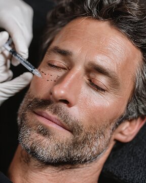 A man in a beauty clinic as a doctor places pressure points on his face in preparation for a procedure. The image clearly conveys professionalism and the treatment process.