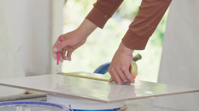 Construction worker installing ceramic tile flooring in residential building. Interior flooring, home renovation and construction industry concept.