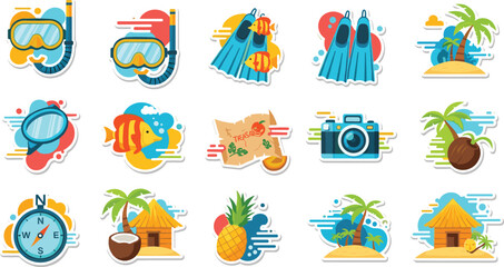Summer Beach Vacation Icon Set with Snorkel Mask, Flippers, Tropical Island, Camera, Pineapple, Compass and Marine Fish for Travel Holiday Vector Illustration © Sanjida