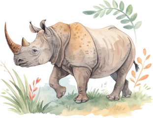 Fototapeta premium Watercolor Rhino Clipart, African Wildlife vector illustration isolated on white background