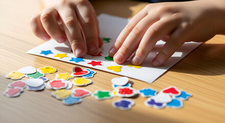 Obraz premium Child's hands arranging colorful star cloud and heart stickers on white paper for creative play