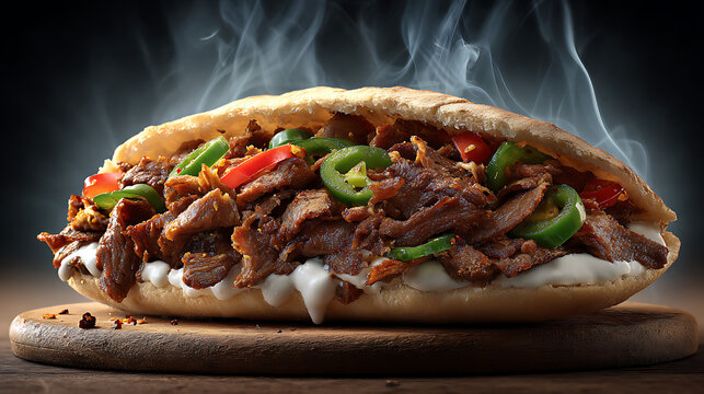 Doner kebab sandwich packed with juicy sliced meat, fresh vegetables and sauce in warm flatbread, steaming street food close-up on dark background