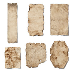 Fototapeta premium Collection of six unique antique paper pieces with burnt edges, authentic stains, and crumpled textures.