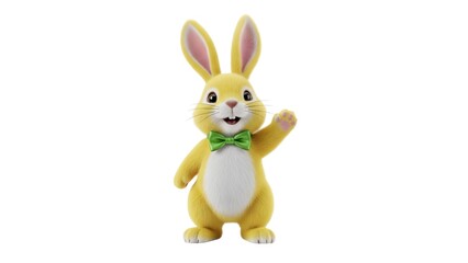 Obraz premium Adorable Fluffy Easter Bunny with Bow Tie Waving Isolated on White Background