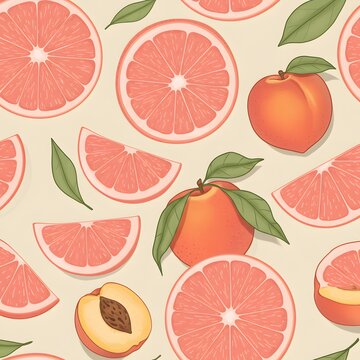 Seamless Pattern with Grapefruits and Peaches