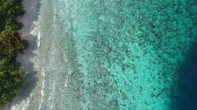 Breathtaking aerial landscape of the Ukulhas island coastline in the Maldives, highlighting a lush marine environment and coral lagoon. The vibrant contrast between the shallow turquoise water and the