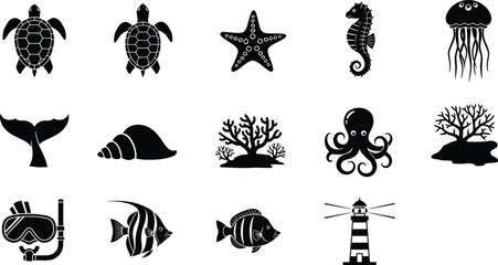 A collection of black and white silhouette icons representing various marine life and ocean objects © Shahedul