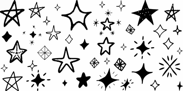 Collection of hand drawn black stars and sparkling shapes on a white background
