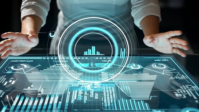 A person interacts with a futuristic digital interface displaying graphs and charts on a sleek table.