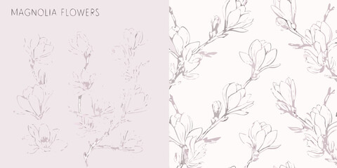 Delicate magnolia flower sketches create a repeating floral pattern © Ankan