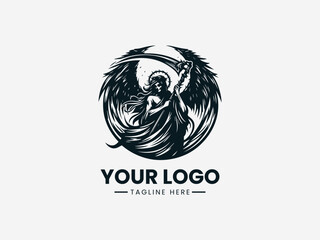 Fototapeta premium Monochrome logo design featuring a winged angel within a circular frame on a white background with a placeholder text for a company name and tagline.