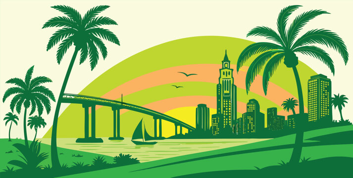 San Diego Sunset Skyline Illustration with Gradient Sky