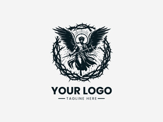 Obraz premium Black logo design featuring a bird with wings and a halo surrounded by thorns on a white background with space for a tagline.