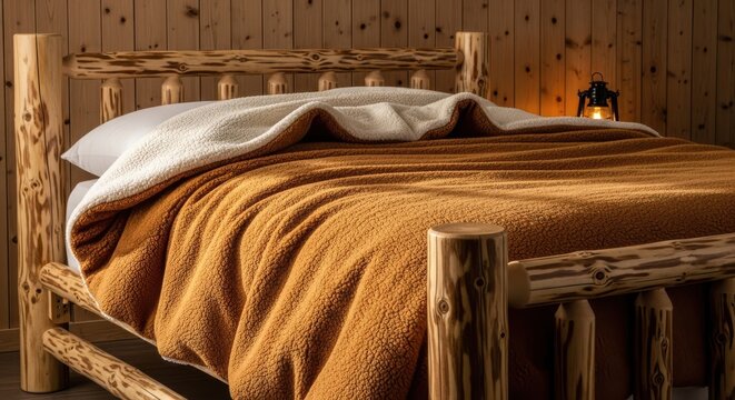 Warm caramel sherpa lined duvet on a rustic log bed creating a cozy inviting bedroom atmosphere