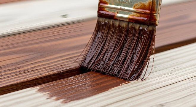 Paintbrush applying dark wood stain to wooden planks- deck renovation and protection process