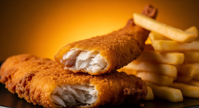 Crispy fried fish and golden french fries a classic takeaway meal on a black plate with warm background