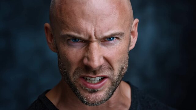 An Intense Man Emitting Anger and Determination Captured in Close-up Frames Showcasing His Fierce Expression and Strong Features Against a Dark Background