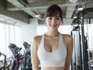 Fototapeta premium ジムでトレーニングウェアを着て爽やかに微笑む健康的なフィットネスモデルの女性