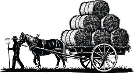 Man walking horse pulling wagon loaded with hay bales pitchfork © MDGOLAM
