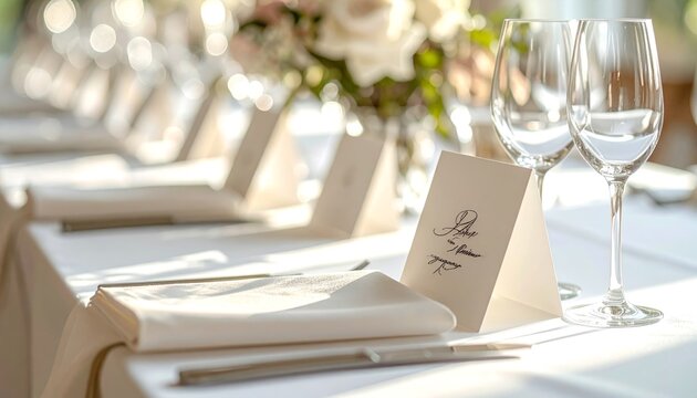 Elegant Wedding Table Setting with Place Cards and Floral Decorations