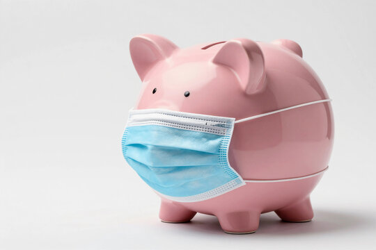 Piggy bank wearing surgical face mask. Financial crisis, banking concept. saving and investment.