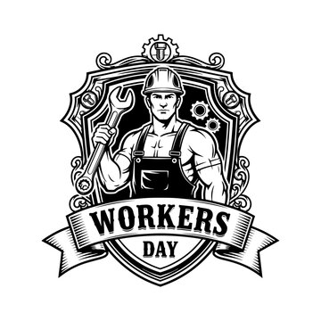 Empowering and Celebratory Vintage Illustration Workers Day Emblem Featuring Strong Laborer with Wrench and Hard Hat