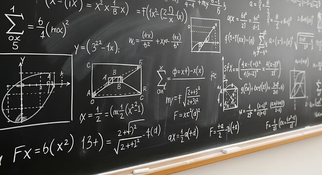 Chalkboard filled with complex mathematics equations and geometric diagrams in a classroom